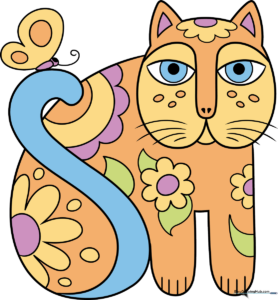 A vibrant, finished Laurel Burch-inspired cat drawing featuring bold patterns and bright colors.