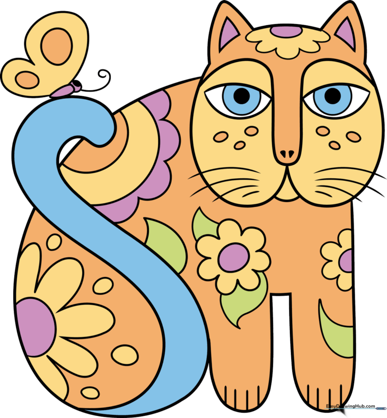 A vibrant, finished Laurel Burch-inspired cat drawing featuring bold patterns and bright colors.