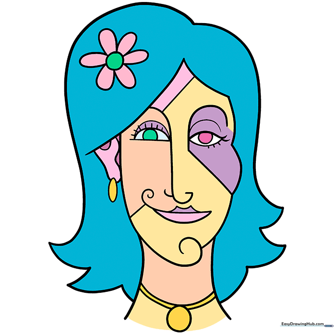 A colorful, finished abstract self-portrait with vibrant, blocky colors.