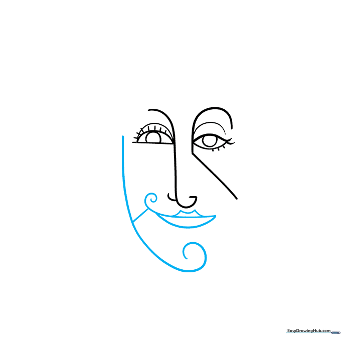 Drawing the mouth and jawline with abstract swirls.