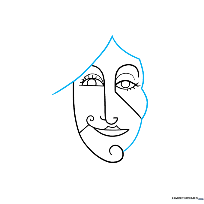 Adding geometric hair shapes to the top of the abstract face.
