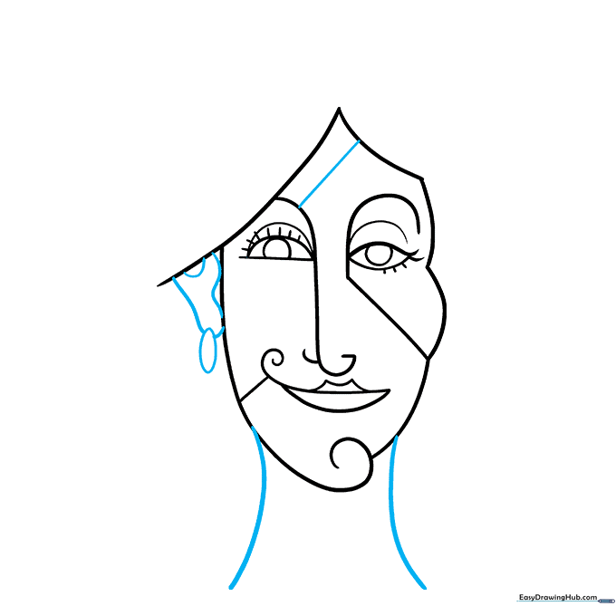 Sketching the ear and neck lines to complete the head structure.