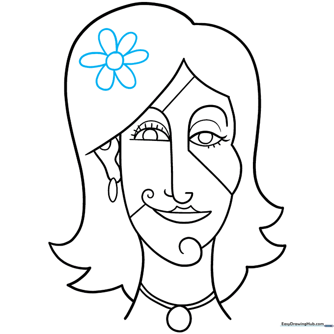 Final line art of the abstract self-portrait with a flower accessory.