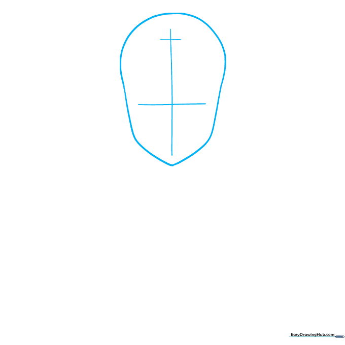 Pencil sketch of an anime head shape with a light horizontal grid for facial proportions.