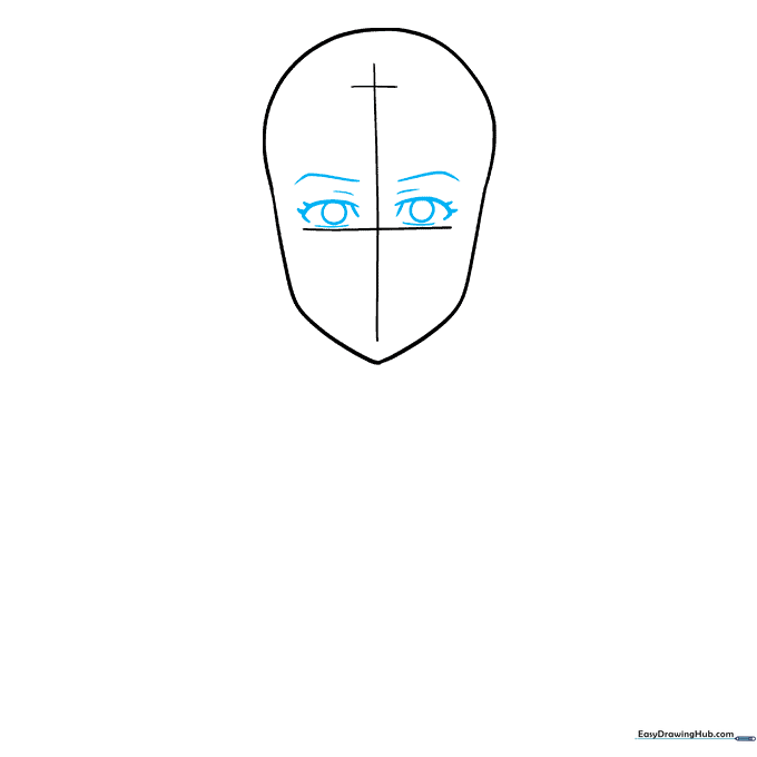 Drawing anime eyes and arched eyebrows centered on the facial grid.