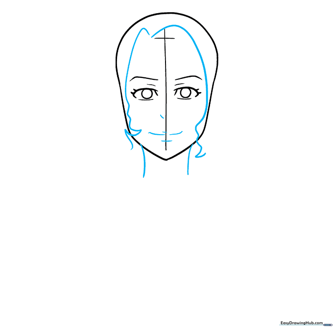 Adding the nose, mouth, hairline, and neck structure to the anime character.