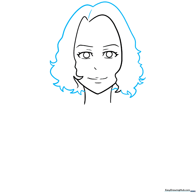 Outlining the short, curly anime hairstyle using jagged, flowing lines.