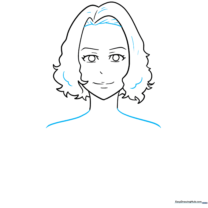 Adding texture lines to the hair and sketching the shoulder line.