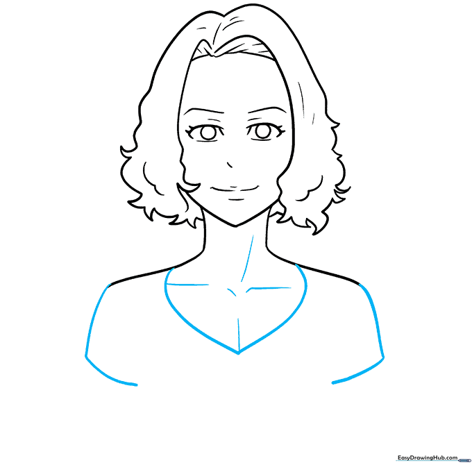 Drawing the blouse neckline and shoulder details on the anime character.