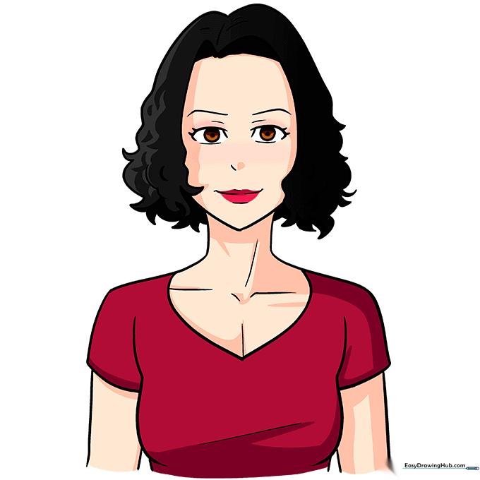 Finished, colored illustration of an adult anime woman.