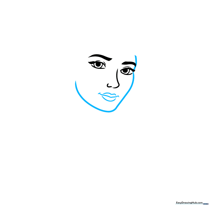 Outline of a girl's face shape including the chin and a small, simple mouth.