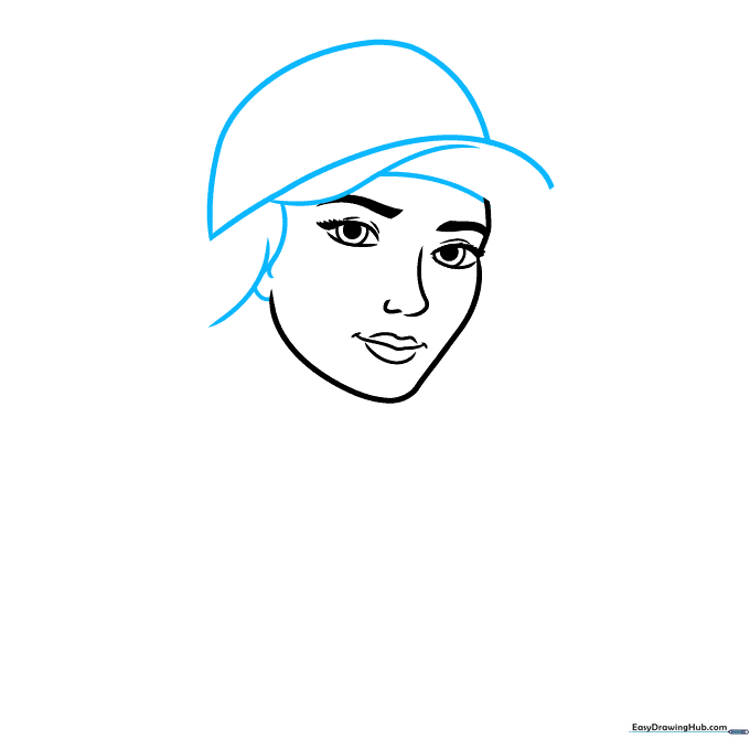 Adding a baseball cap to the character's head with overlapping curved lines.