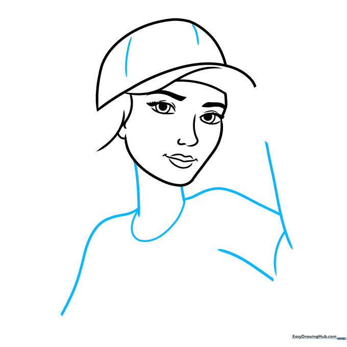 Drawing the neck and shoulders connecting to the head.