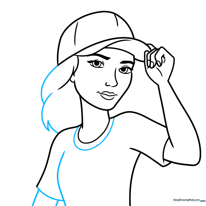 Adding hair with jagged, layered lines around the face and hat.