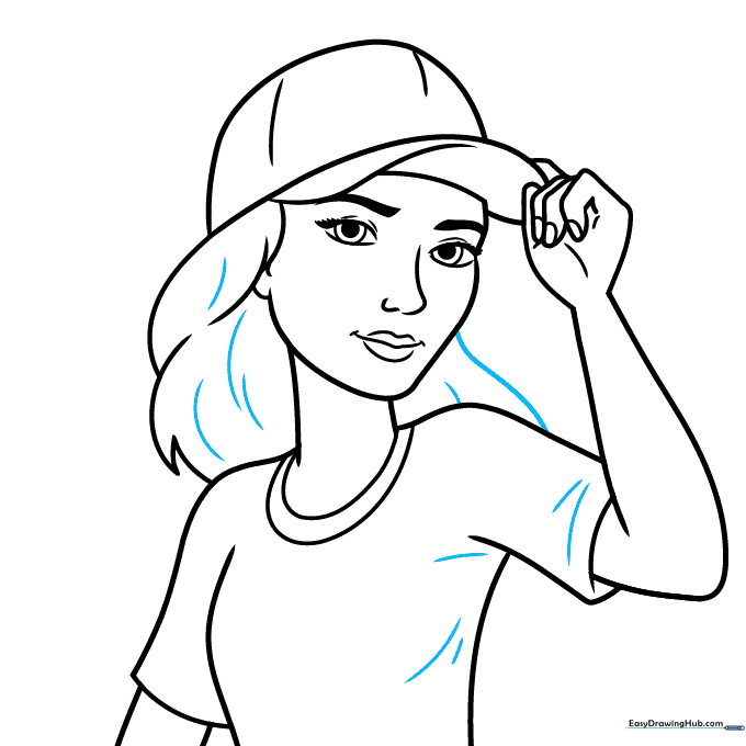 Finalizing the drawing with texture lines on hair and shirt.