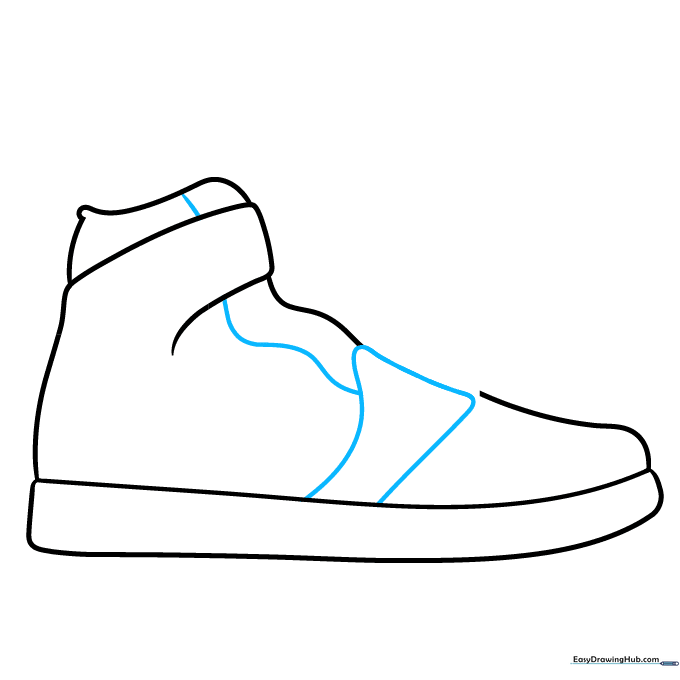 Adding the upper panel and tongue structure to the sneaker drawing.