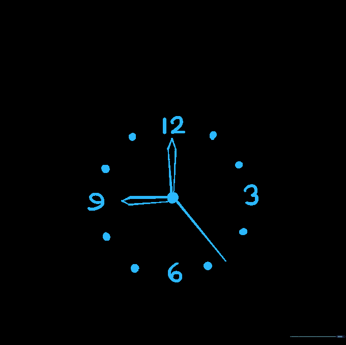 The clock face with numbers and hands showing 9 o'clock.