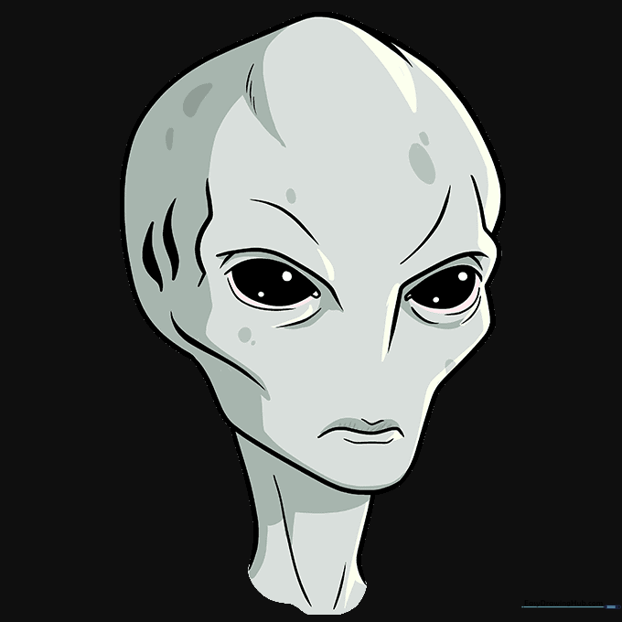 Final colored alien face drawing with black eyes and grey skin shading.