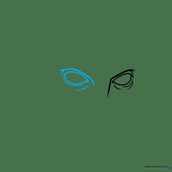 Drawing two alien eyes with pupils and expressive brow lines.