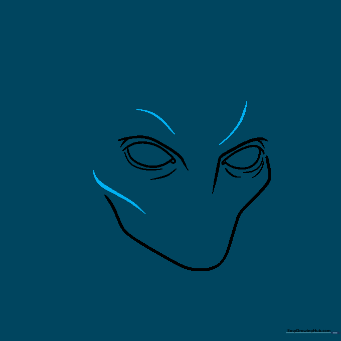 Adding small facial features and brow details to the alien head sketch.