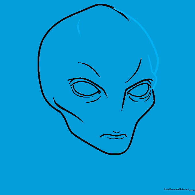 Adding final outline curves and decorative dashes to the alien face.