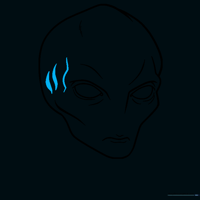 Adding bold leaf-shaped details around the alien's eyes for added depth.