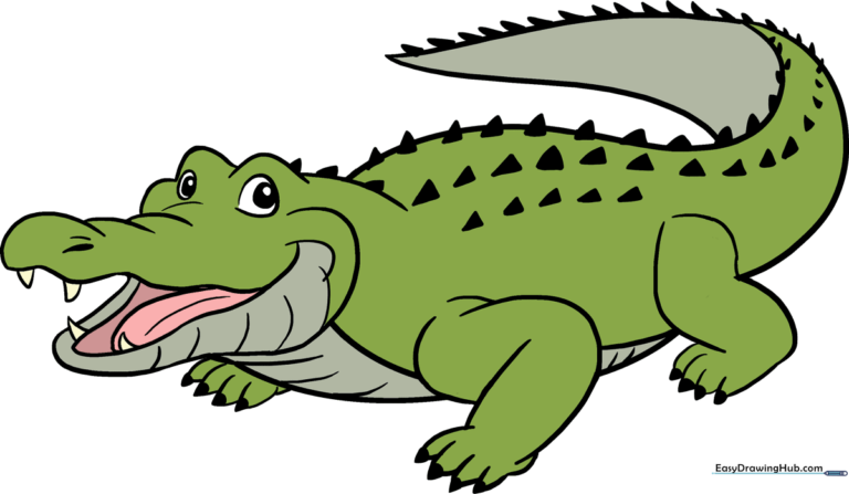 A vibrant, finished drawing of an alligator, perfect for kids to emulate.
