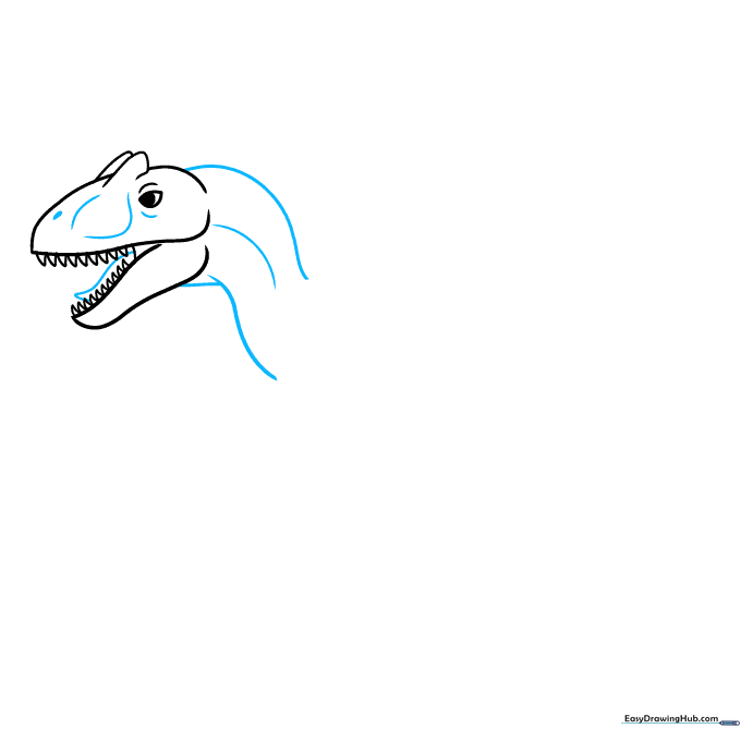 Adding the neck, nostril, and tongue to the Allosaurus head sketch.