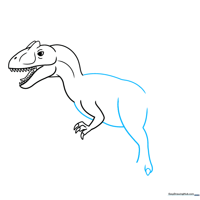 Sketching the belly, back, and the first rear leg of the Allosaurus.