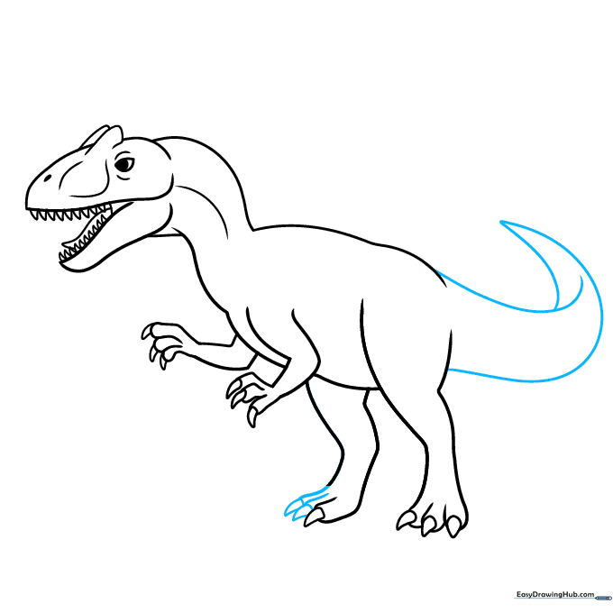 Drawing the long, curved tail of the Allosaurus.