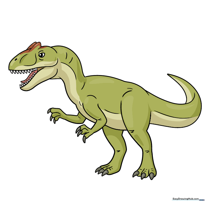 Fully colored cartoon Allosaurus with green skin and brown markings.