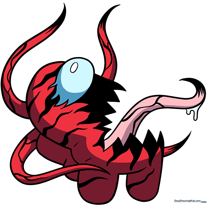Fully colored Among Us Carnage Imposter with red body, pink tongue, and blue visor highlights.
