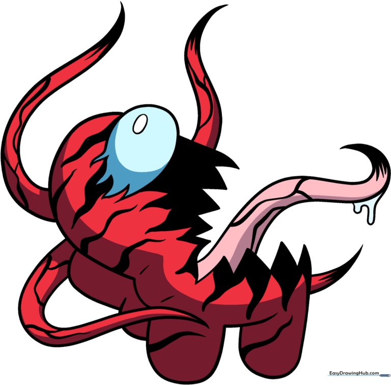 A vibrant, finished drawing of an Among Us Carnage Imposter, showcasing the character's signature red symbiote look.