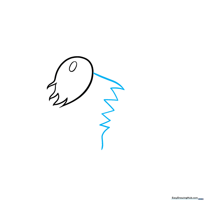 Drawing the right side of the character with a diagonal line and five jagged, triangular spikes trailing downward.