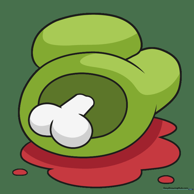 The completed, colored drawing of an Among Us character with green body, red puddle, and white bone.