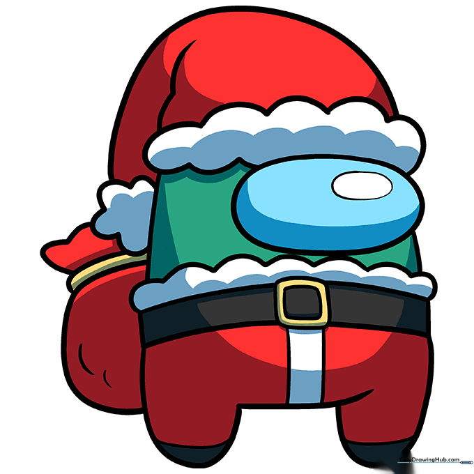 Fully colored Among Us Santa character with vibrant red, teal, and blue tones.