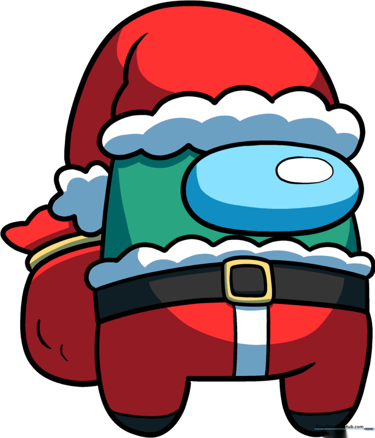 A festive, fully colored Among Us character dressed as Santa Claus.