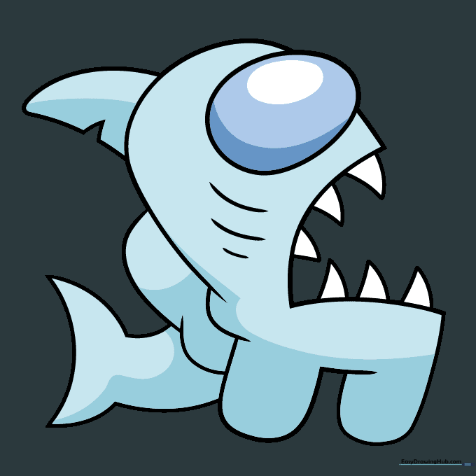 The finished, colored Among Us shark character in shades of blue.