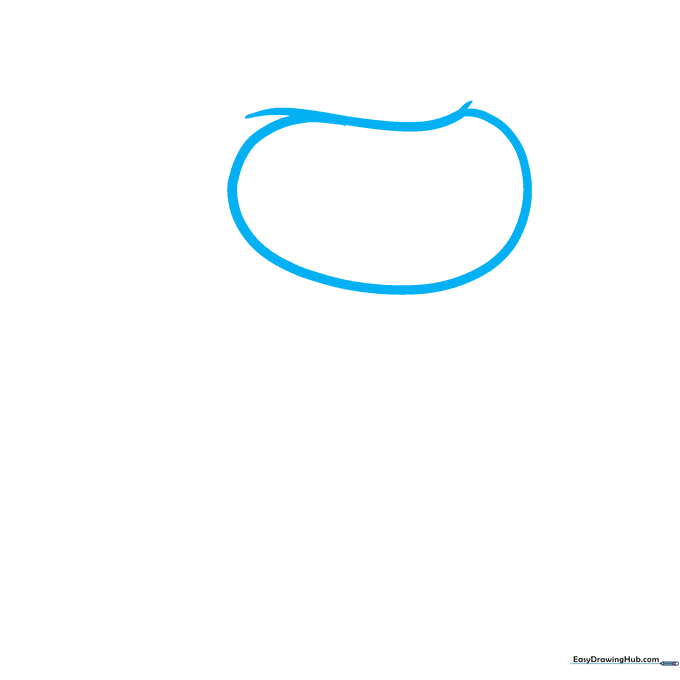 Pencil sketch of a rounded, bean-shaped outline for an Among Us character body on white paper.
