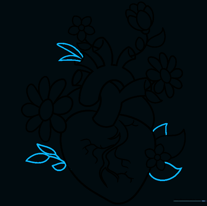 Finalizing the outline with extra foliage and stems.