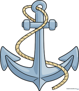 A finished, colored illustration of a nautical anchor with a rope, perfect for kids.