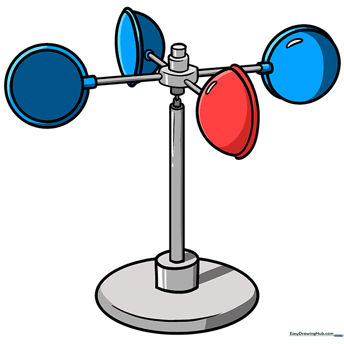 Finished, colored anemometer drawing with metallic gray and bright blue/red cups