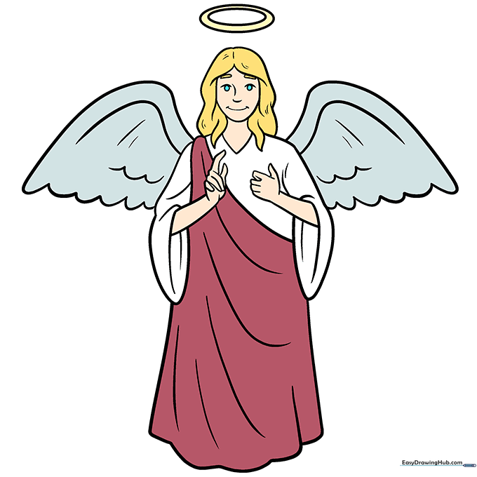 Final colored angel drawing with white robes and a golden halo.