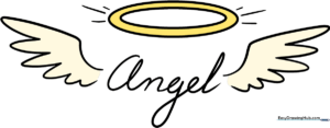 A completed, colorful angel halo drawing with wings and glowing effects.