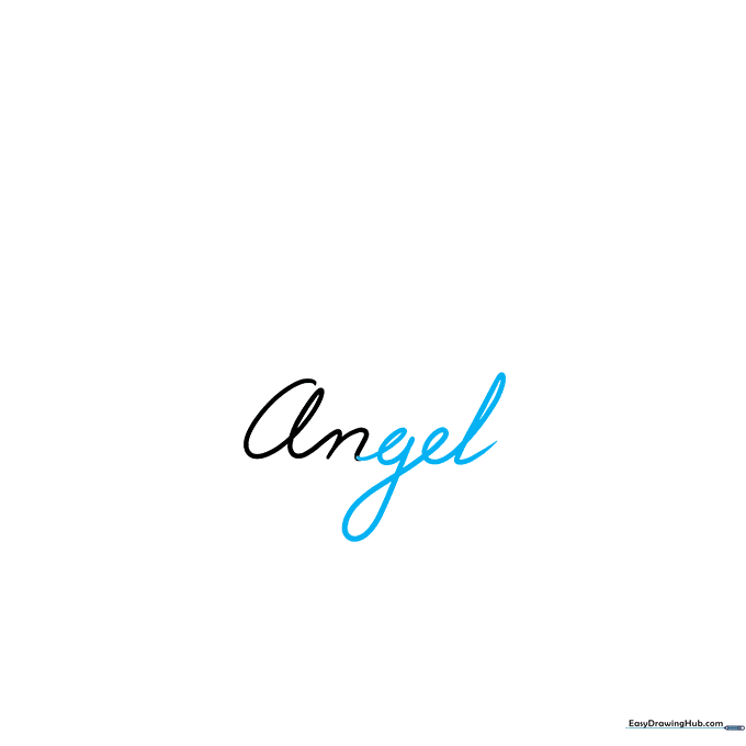Completed cursive word Angel written in pencil.