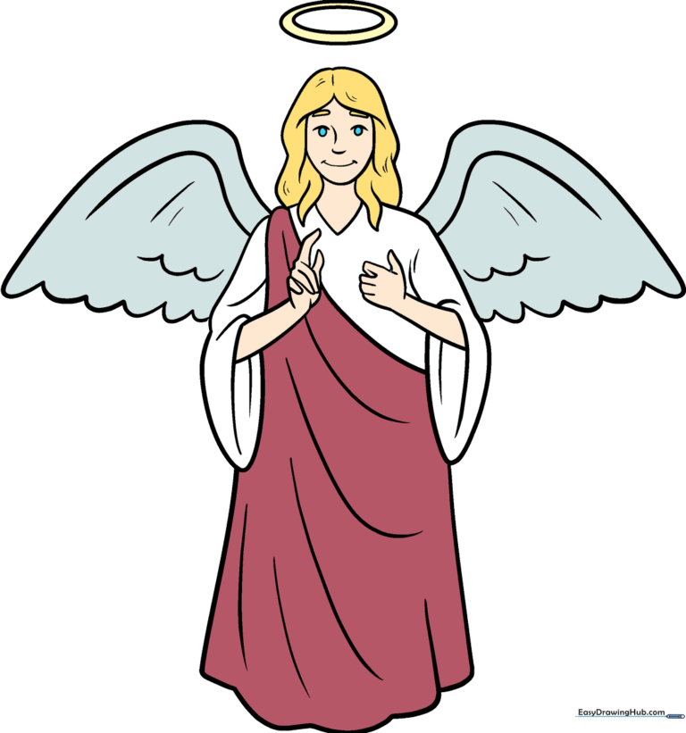 A completed, friendly cartoon angel drawing with wings and a halo.