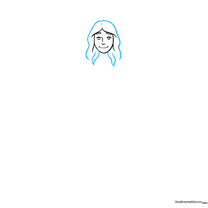 Drawing the angel's hair with curved lines framing the face.