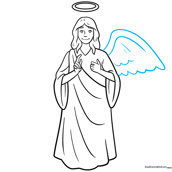 Sketching the first large wing with feather details.