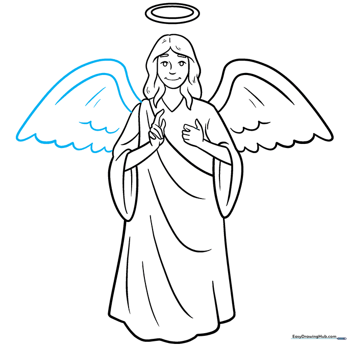 Completing the second wing to finish the angel's outline.