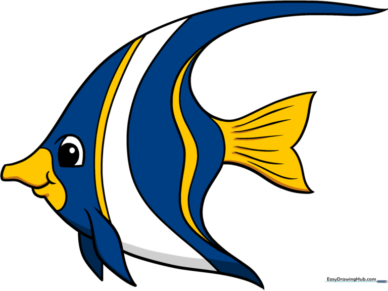 A vibrant, finished angelfish drawing displayed against a clean background, showcasing the final result of the tutorial.